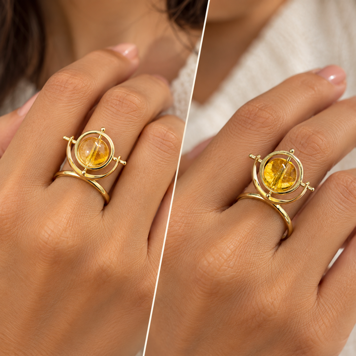 Rotating globe-inspired citrine ring in 925 sterling silver. A unique fidget spinner gemstone statement ring for travelers and women who loves unusual jewelry.