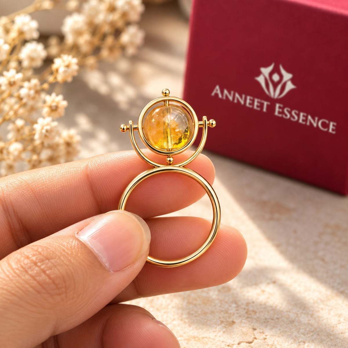 Rotating globe-inspired citrine ring in 925 sterling silver. A unique fidget spinner gemstone statement ring for travelers and women who loves unusual jewelry.