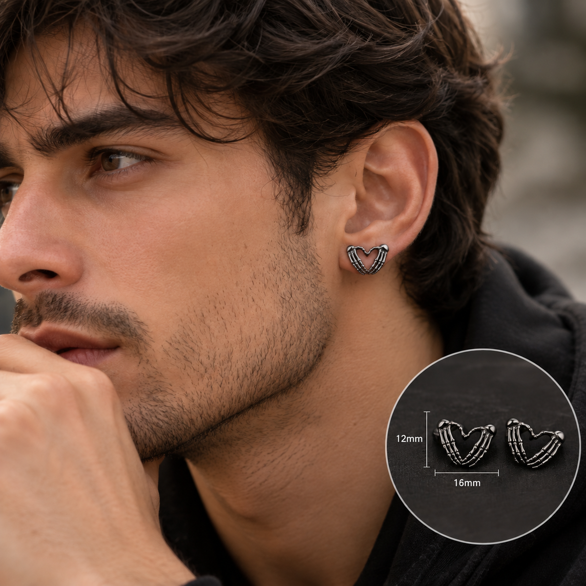 Sterling silver skeleton heart stud earrings, 12x18mm gothic anatomical heart design for alternative, spooky, witchy and dark aesthetic jewelry lovers