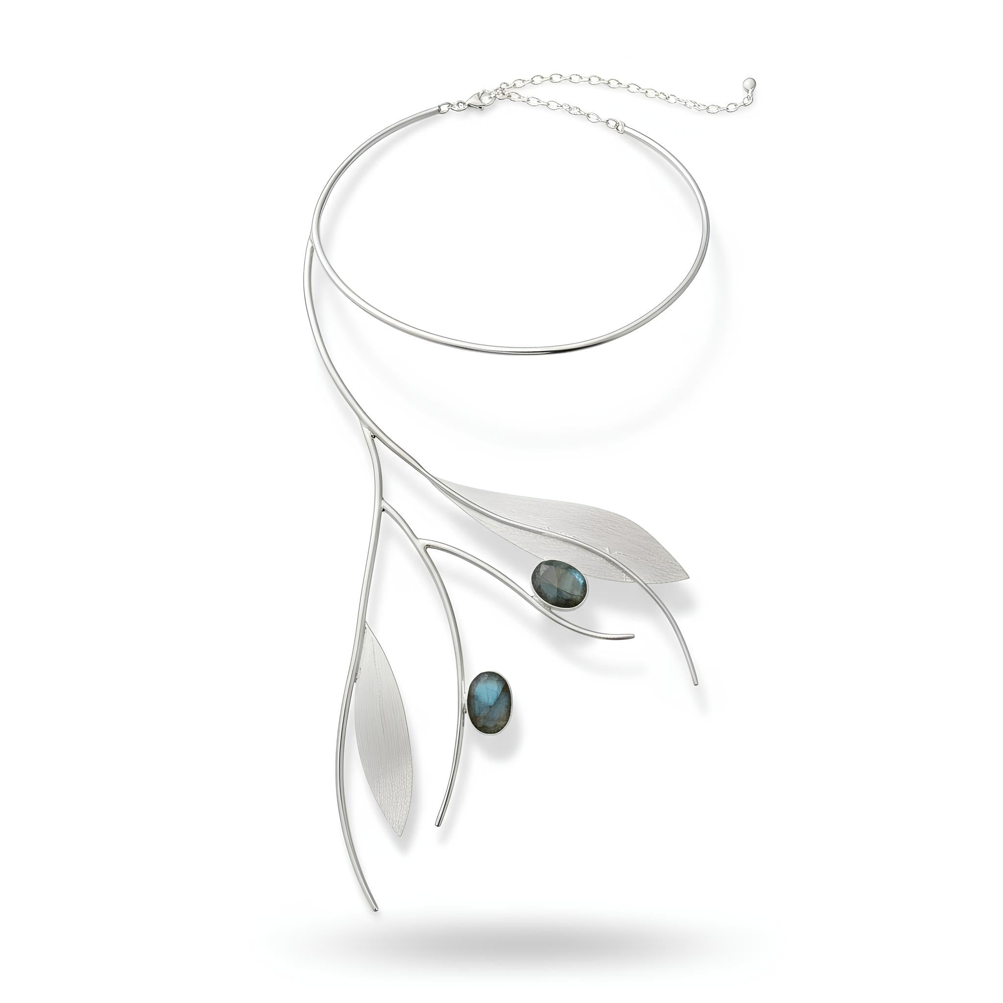 Model wearing modern silver leaf choker with labradorite stone