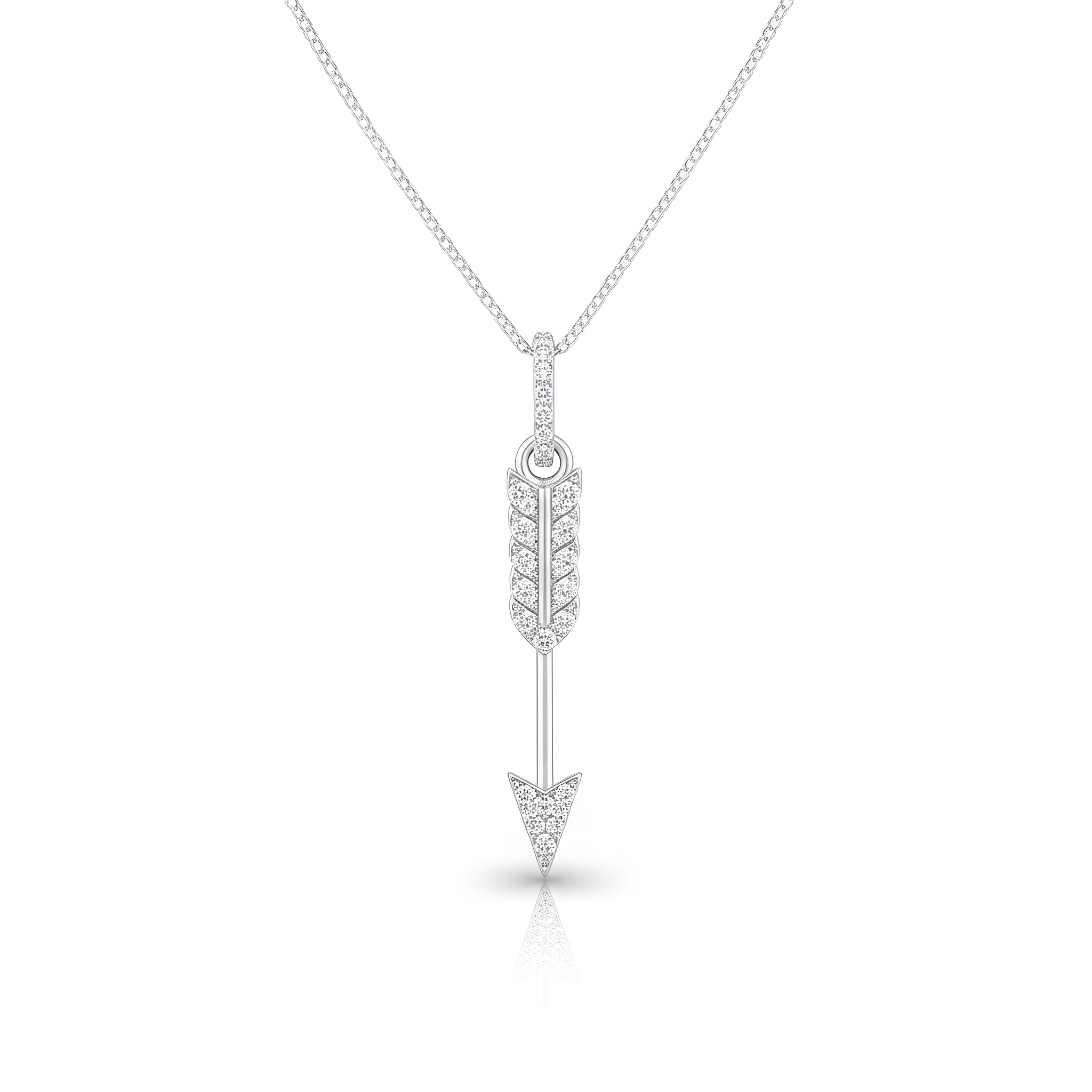 Model wearing silver arrow pendant with CZ stones