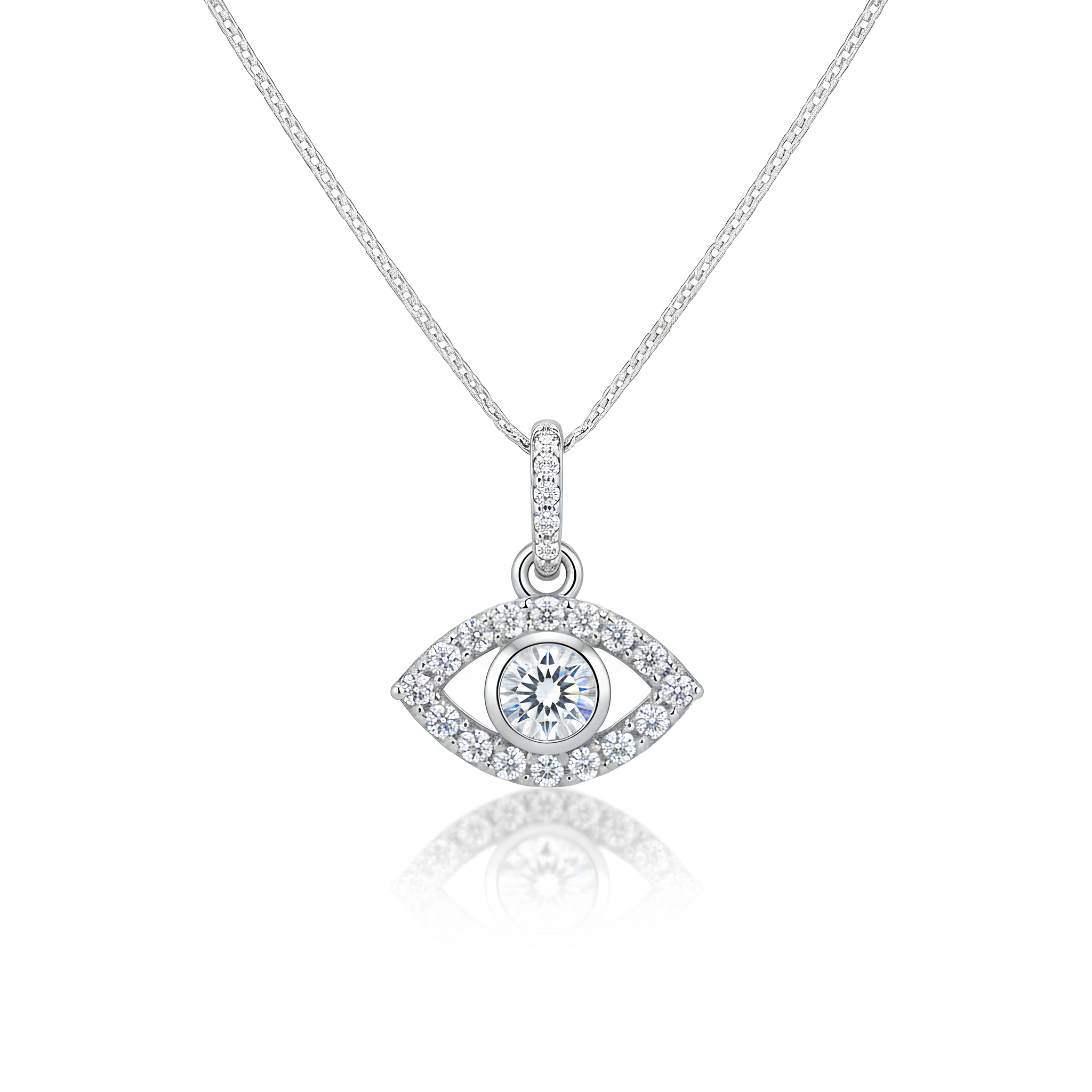 Model wearing silver evil eye pendant 