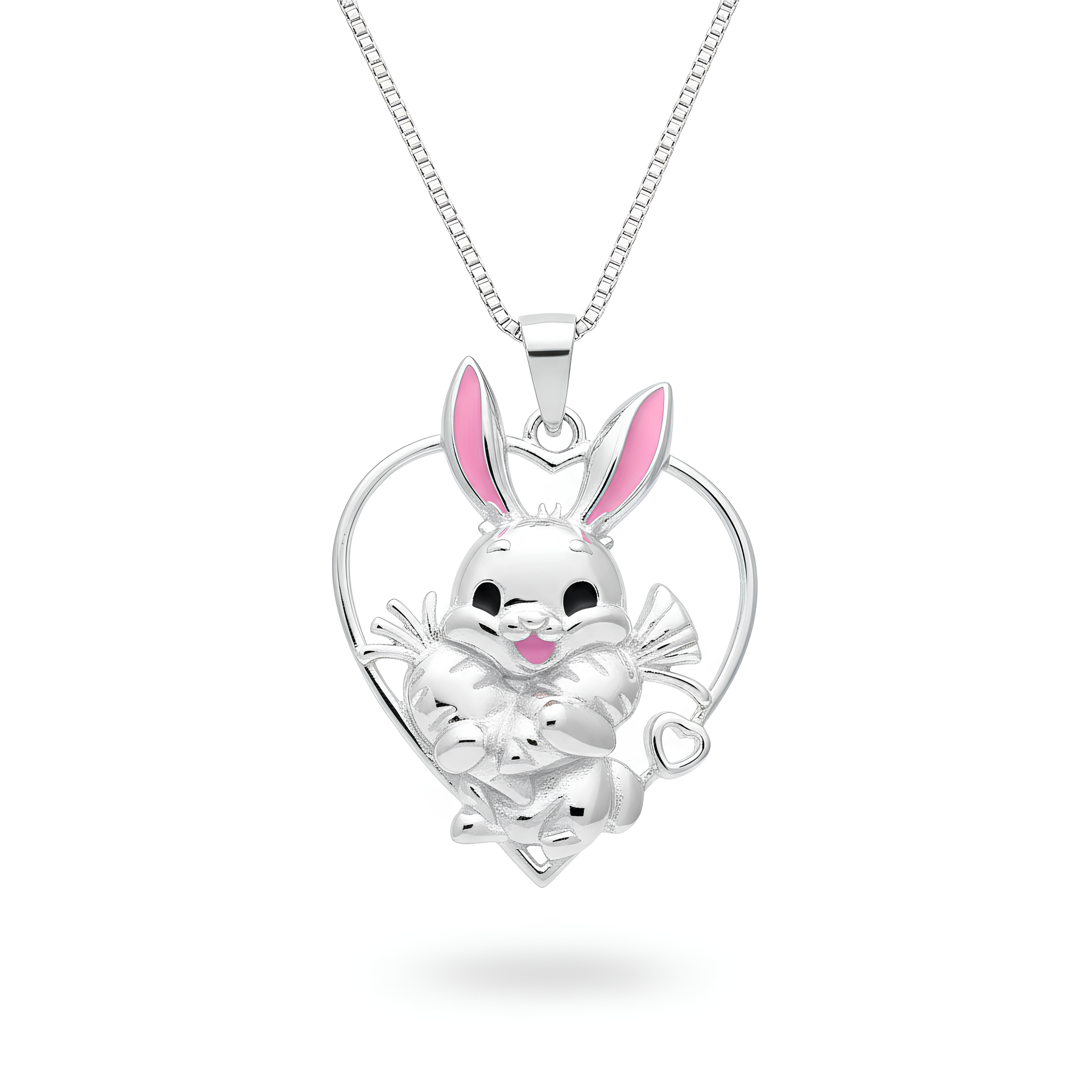 Cute bunny rabbit heart pendant in solid 925 sterling silver with enamel accents, animal necklace charm for women and kids, chain not included