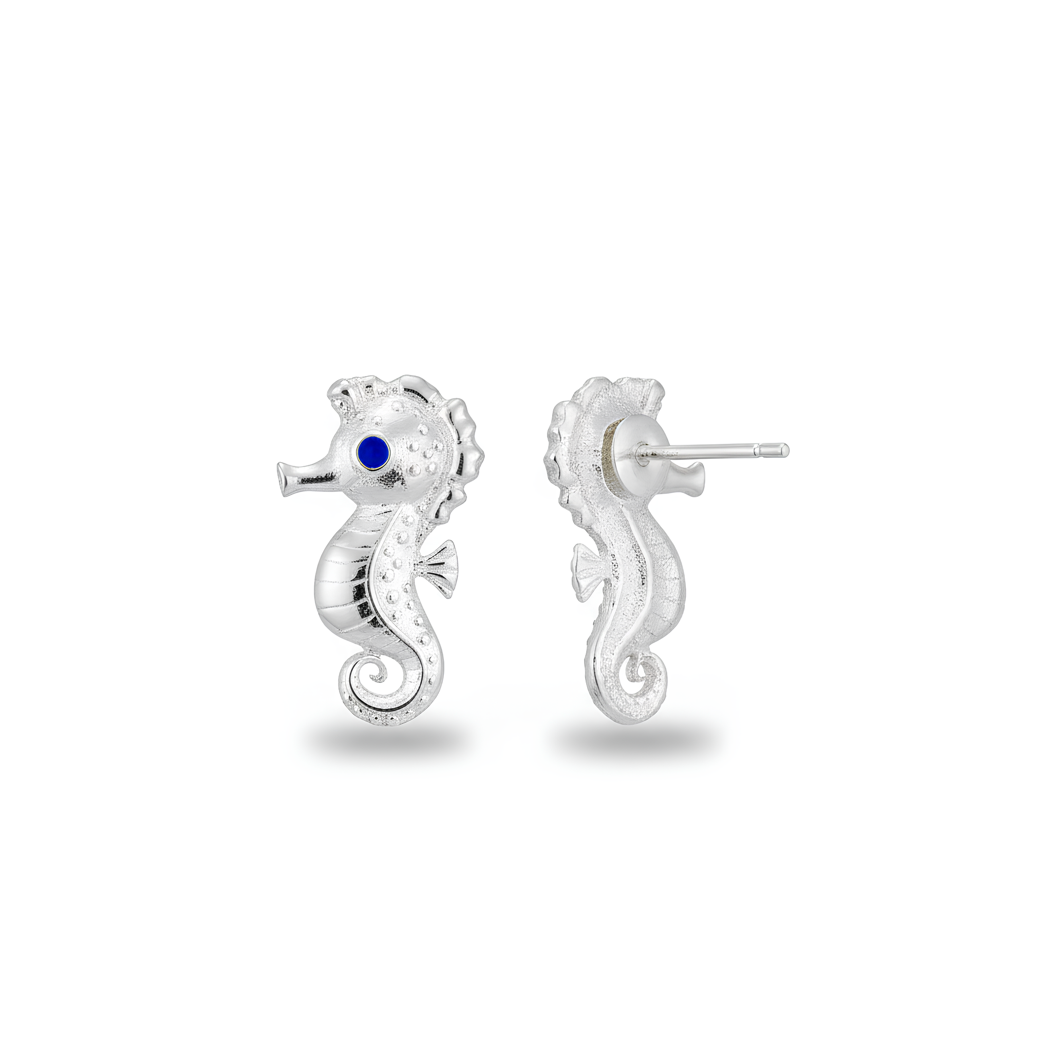 Model wearing silver seahorse stud earrings 