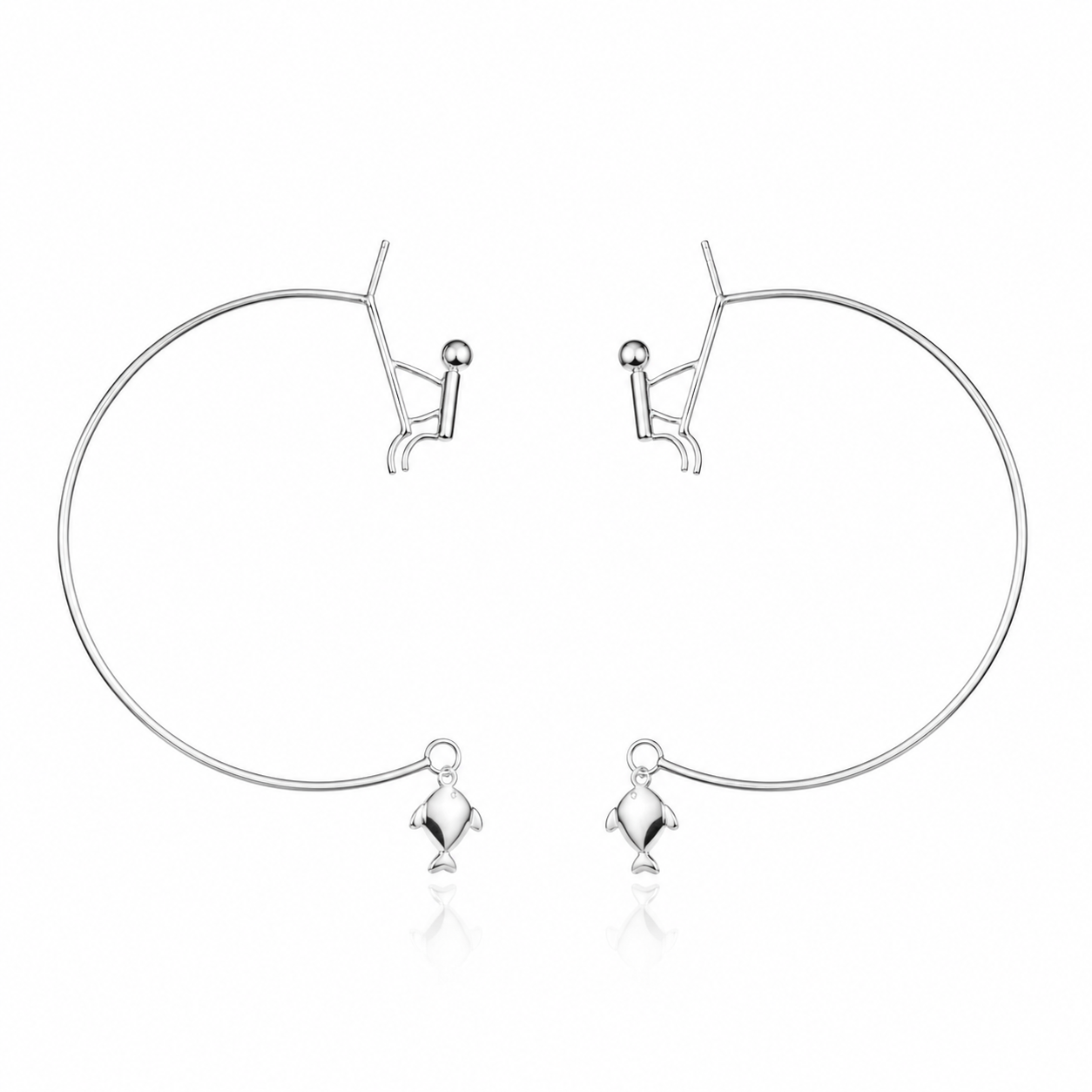 Sterling Silver Fish Catching Hoop Earrings