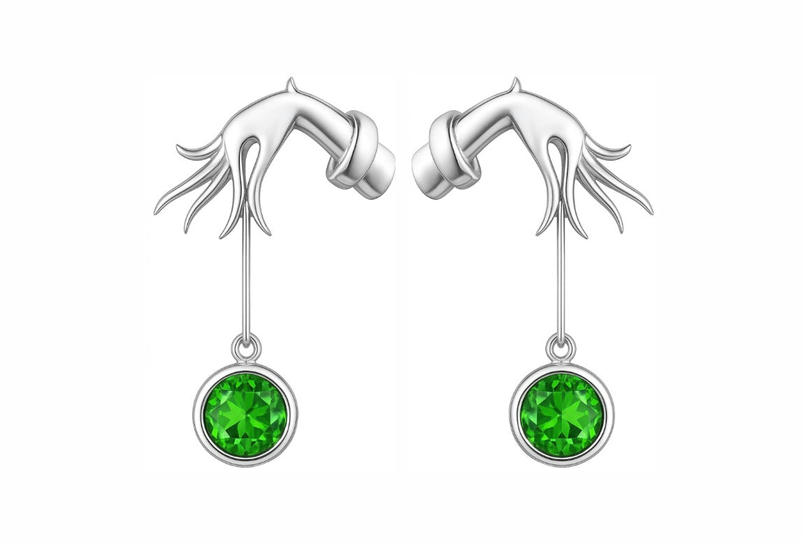 Gothic Statement 925 Sterling Silver Witch Hand Drop Earrings featuring blue cubic zirconia gemstone 