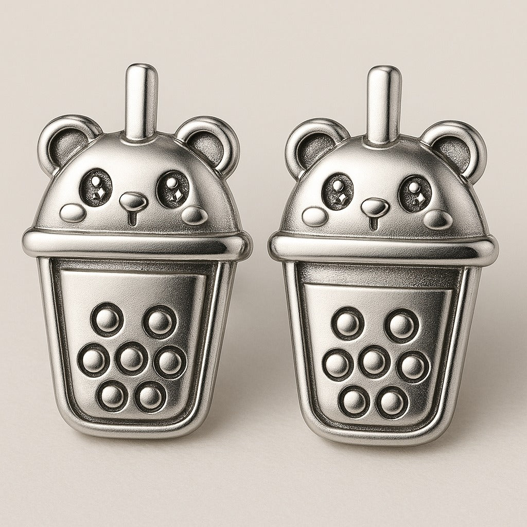Cute bear boba tea enamal stud earrings in solid 925 sterling silver featuring a kawaii bubble tea cup with bear face and boba bubbles