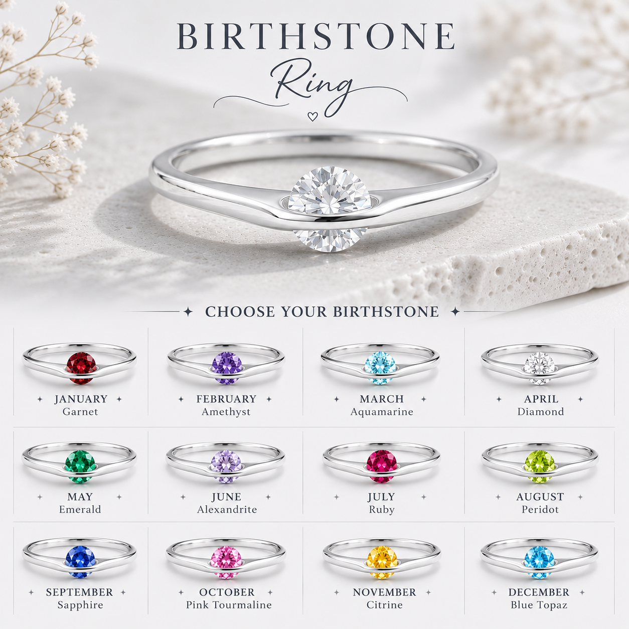 Sterling Silver Birthstone Ring featuring a spinning round cubic zirconia, in all 12 monthly birthstone color options including Garnet, Amethyst, Aquamarine, Diamond, Emerald, Alexandrite, Ruby, Peridot, Sapphire, Pink Tourmaline, Citrine, and Blue Topaz. Personalized birthstone promise ring for women