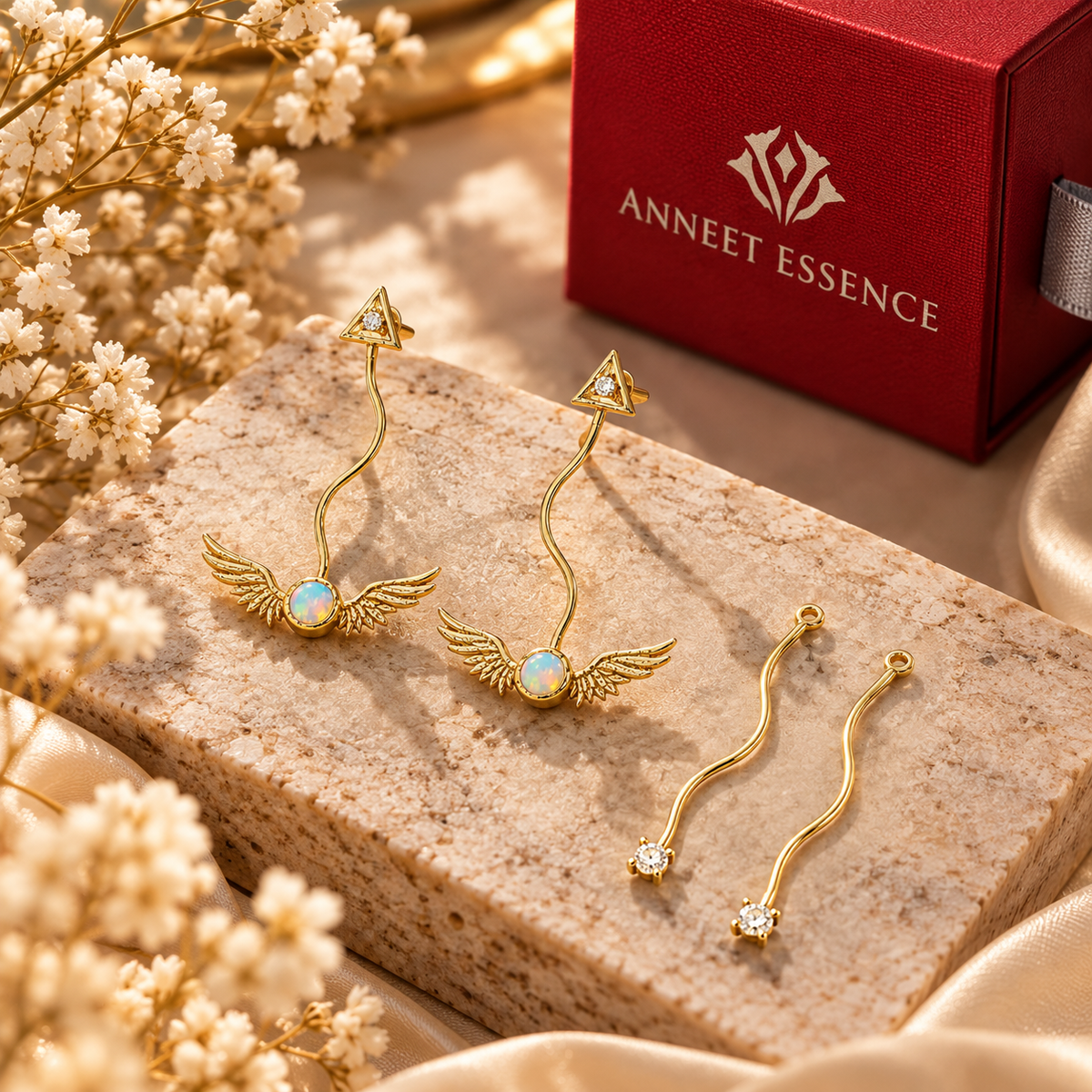 Golden Snitch inspired earrings, 4 way convertible wing earrings, fire opal jewelry, 2mm birthstone stud free, wizard magical gift, fantasy jewelry gift for her
