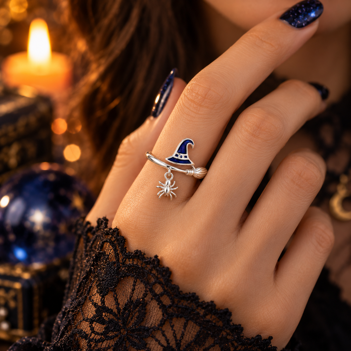 925 sterling silver witch hat ring with blue enamel, broom and dangling spider charm. Adjustable gothic Halloween jewelry and witchy gift.