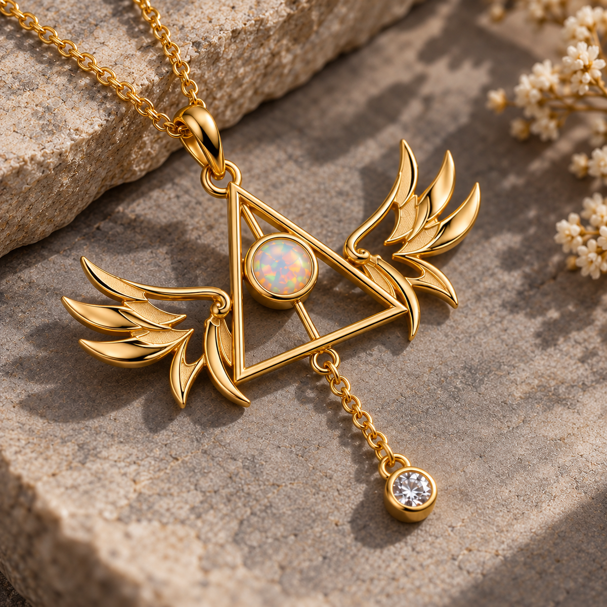 Golden Snitch & Deathly Hallows Harry Potter inspired 925 silver pendant with white fire opal and winged triangle design. 45x35mm. Chain not included.