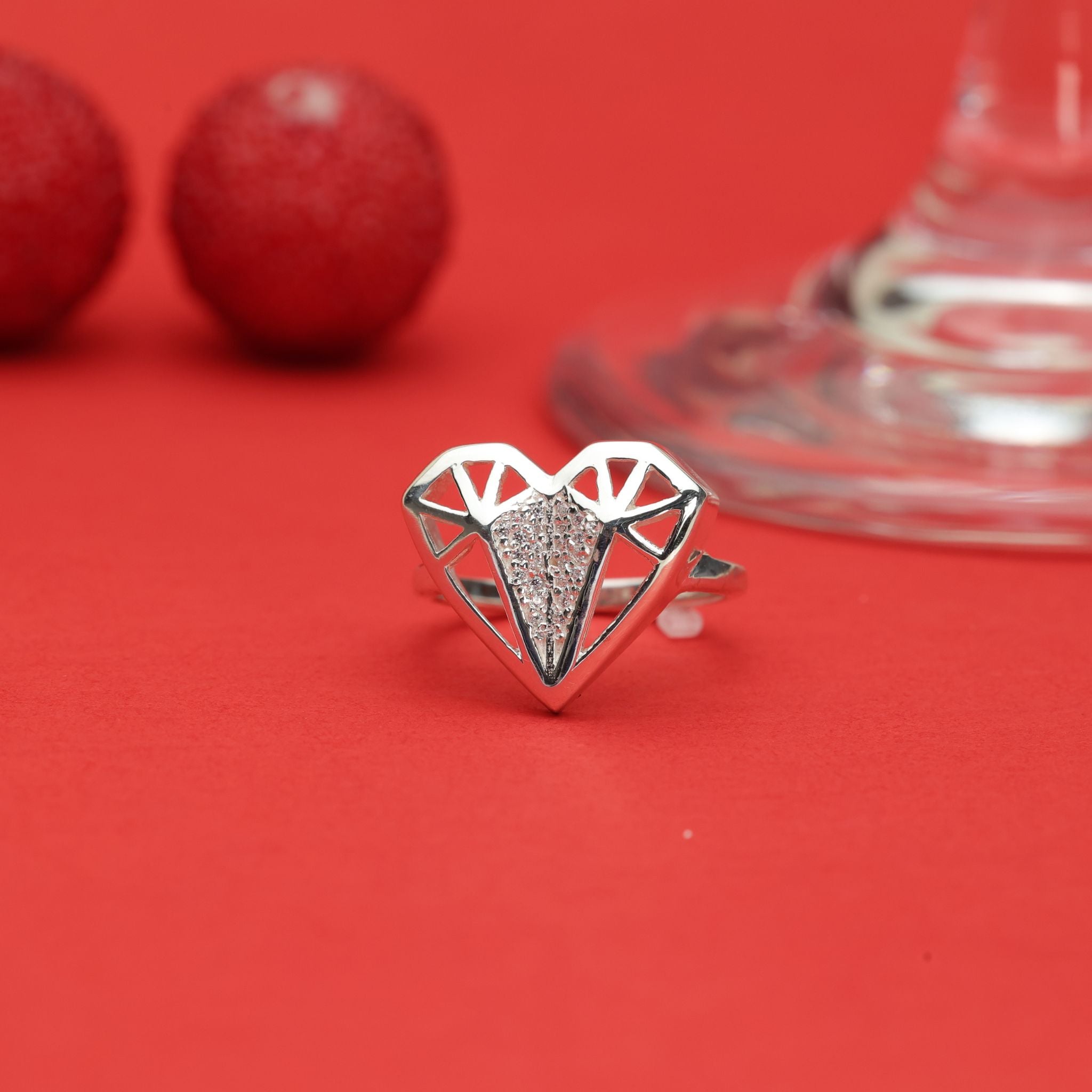 Geometric Heart CZ Silver Ring