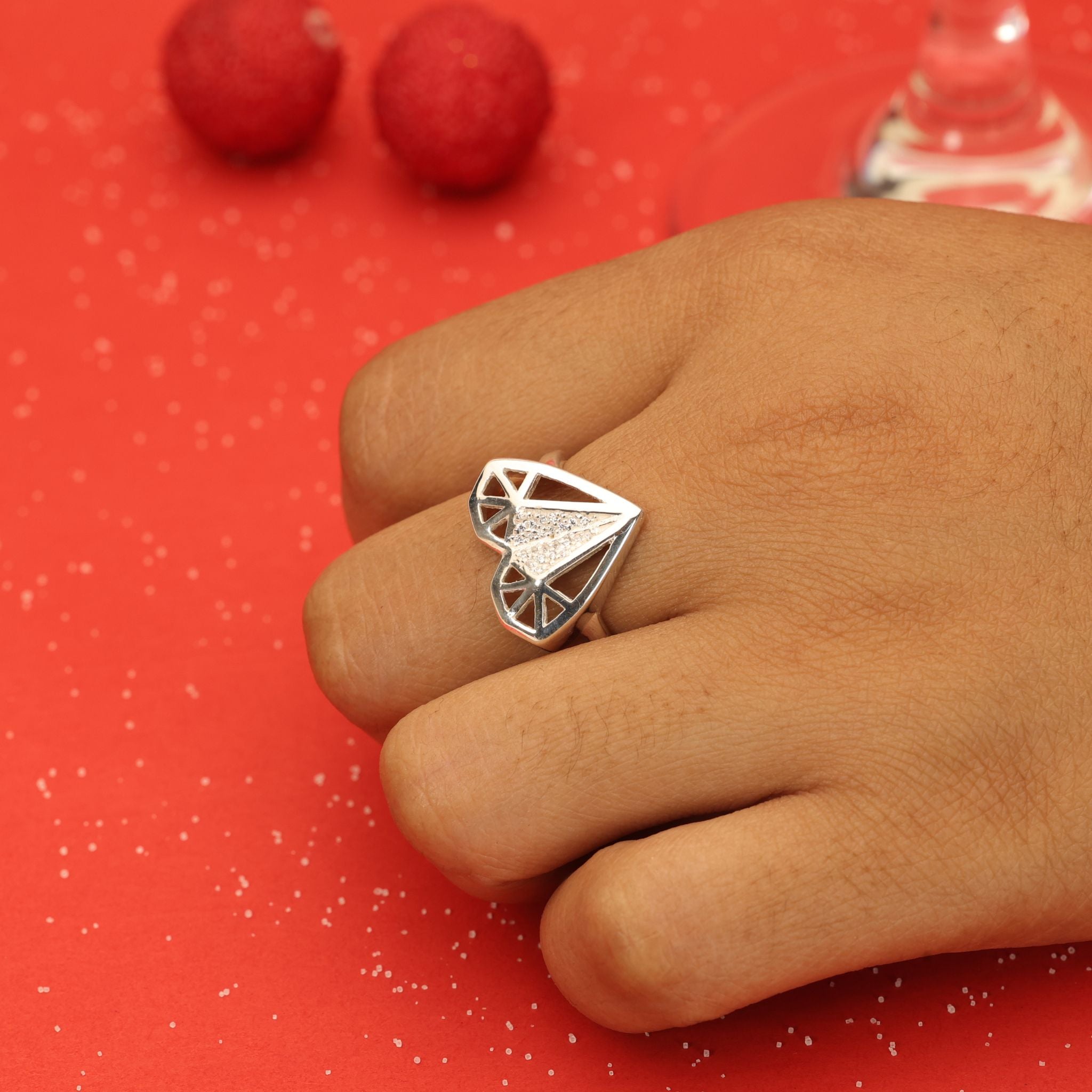 Geometric heart CZ ring in 925 sterling silver