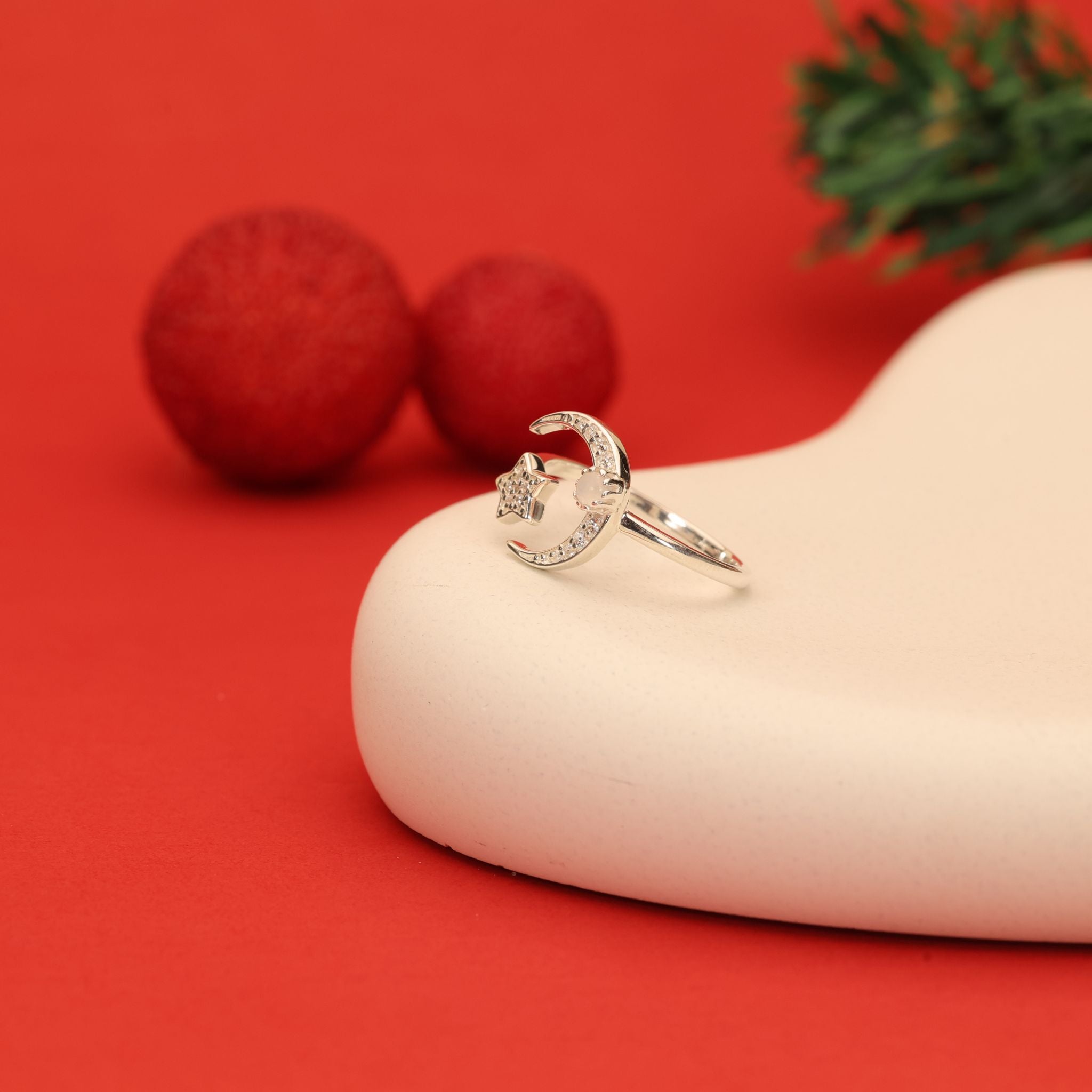 Crescent moon and star CZ ring in 925 sterling silver