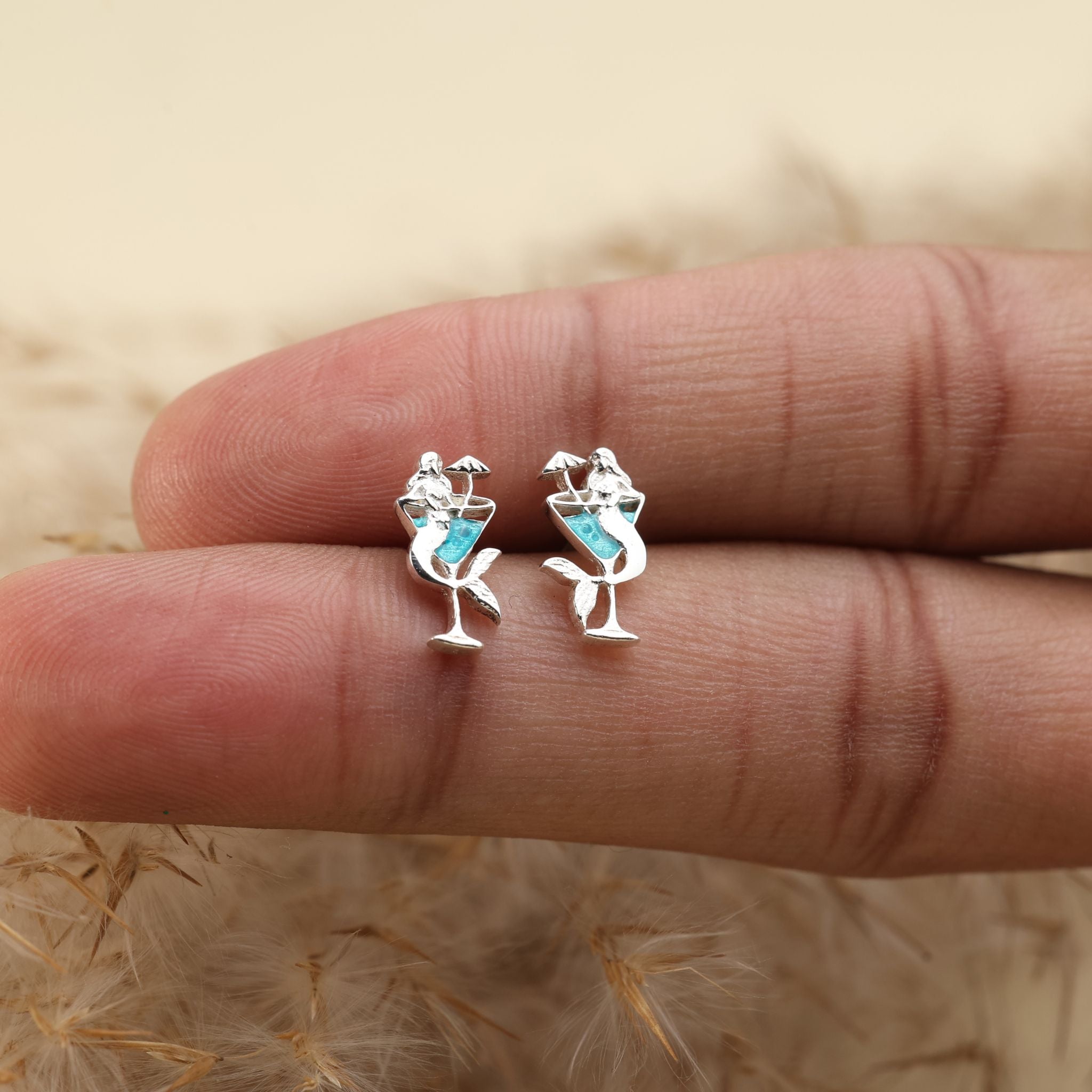 Mermaid Cocktail Silver Studs with Blue Enamelling