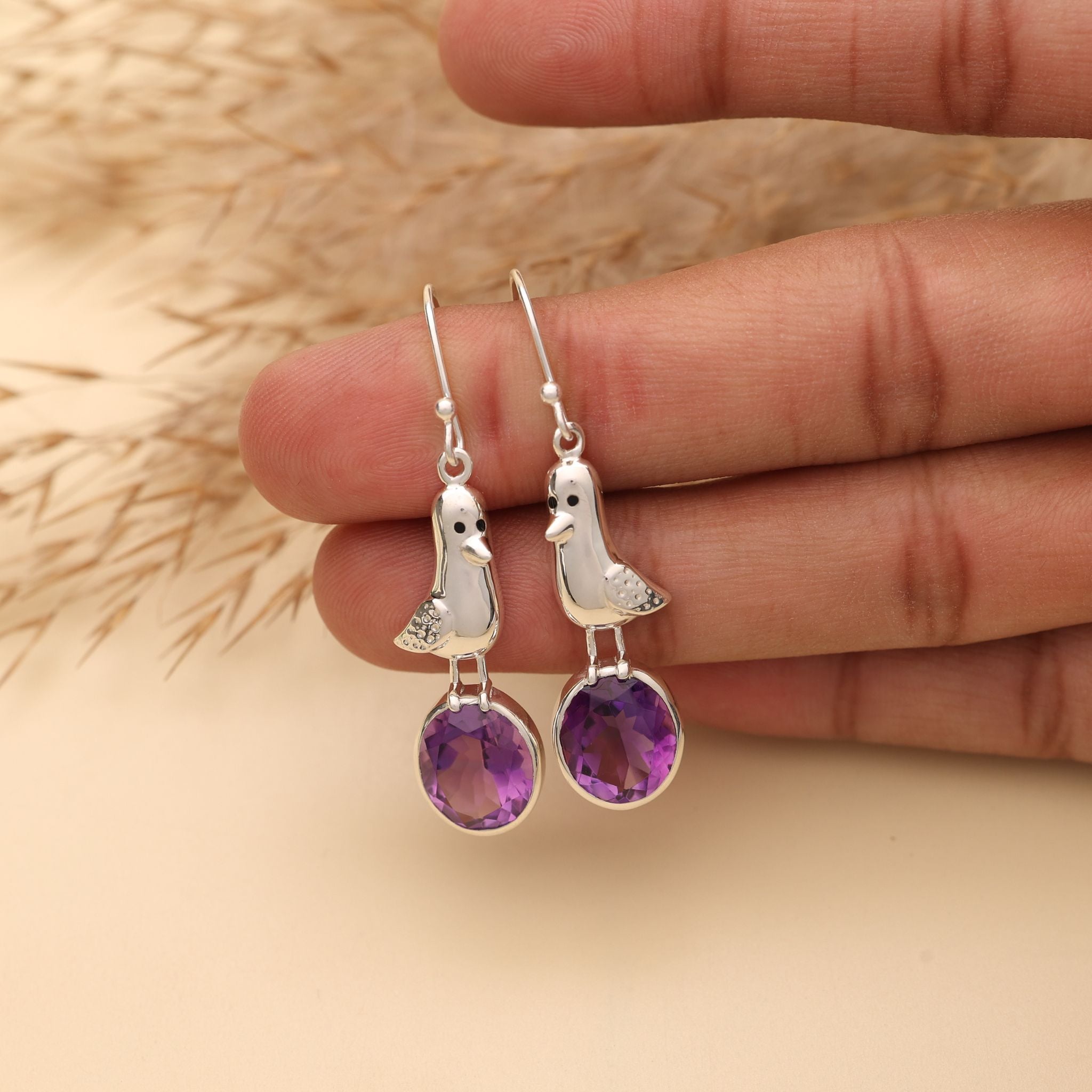 Amethyst Bird Dangle Silver Earrings