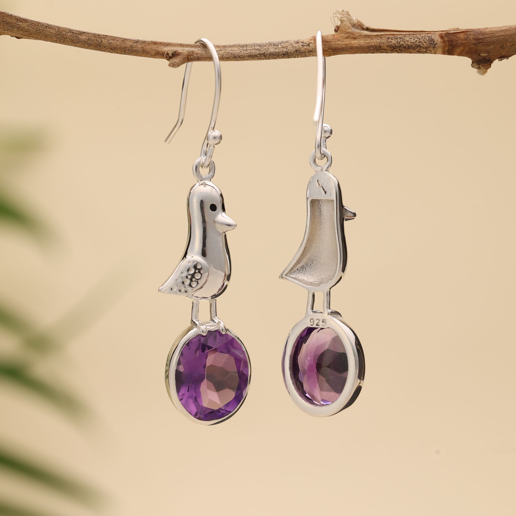 Amethyst Bird Dangle Silver Earrings
