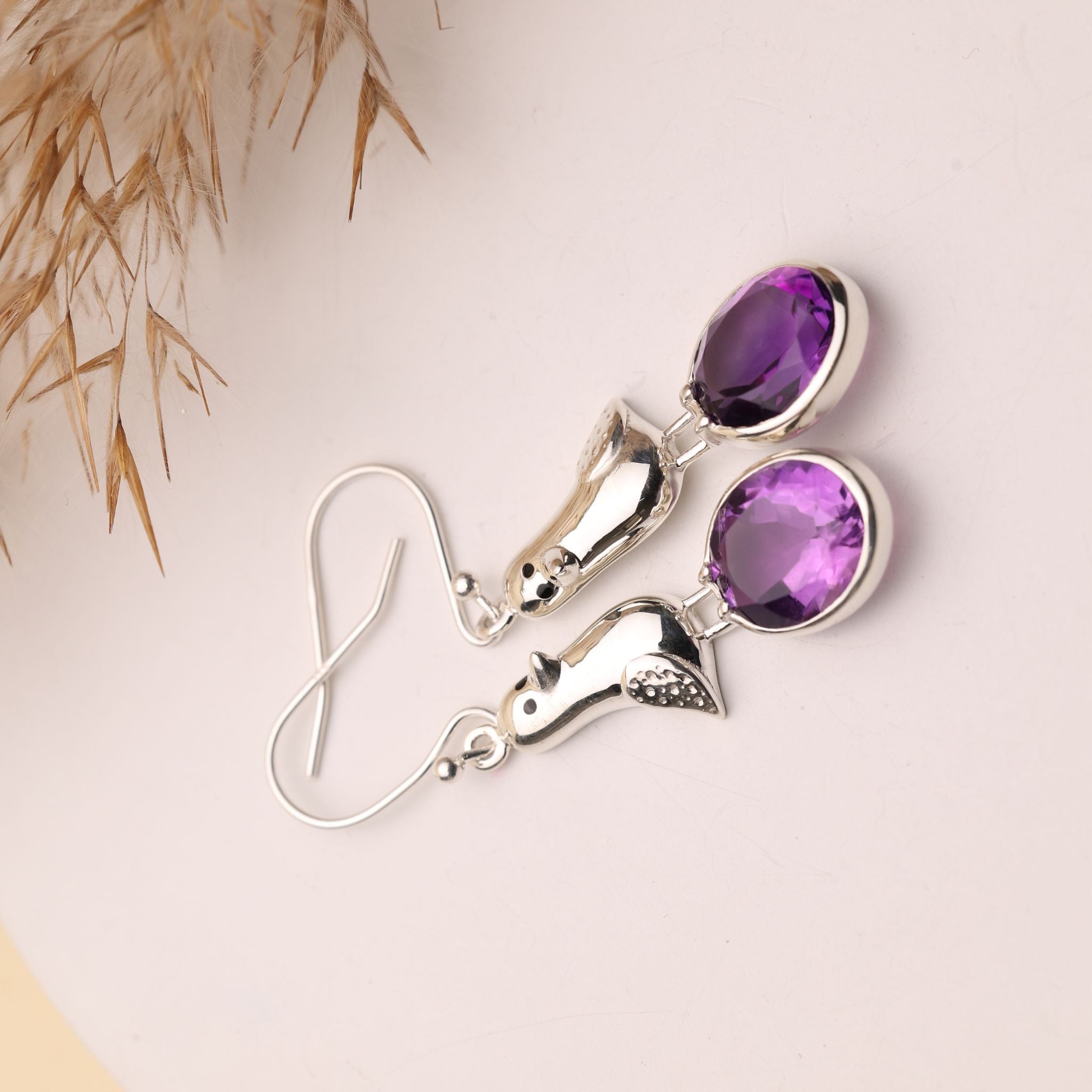 Amethyst Bird Dangle Silver Earrings
