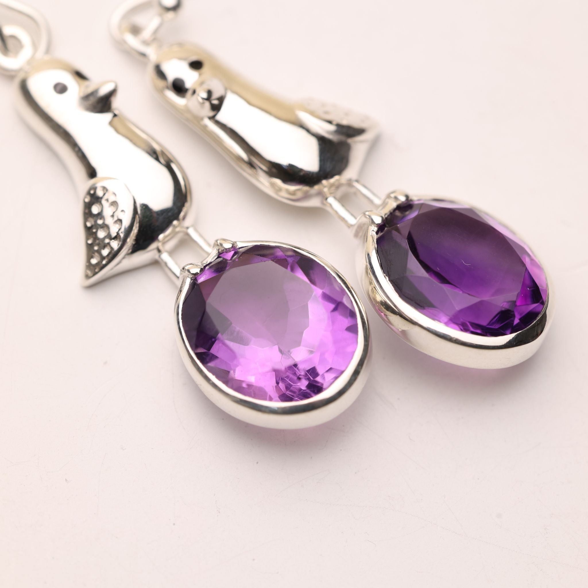 Amethyst Bird Dangle Silver Earrings