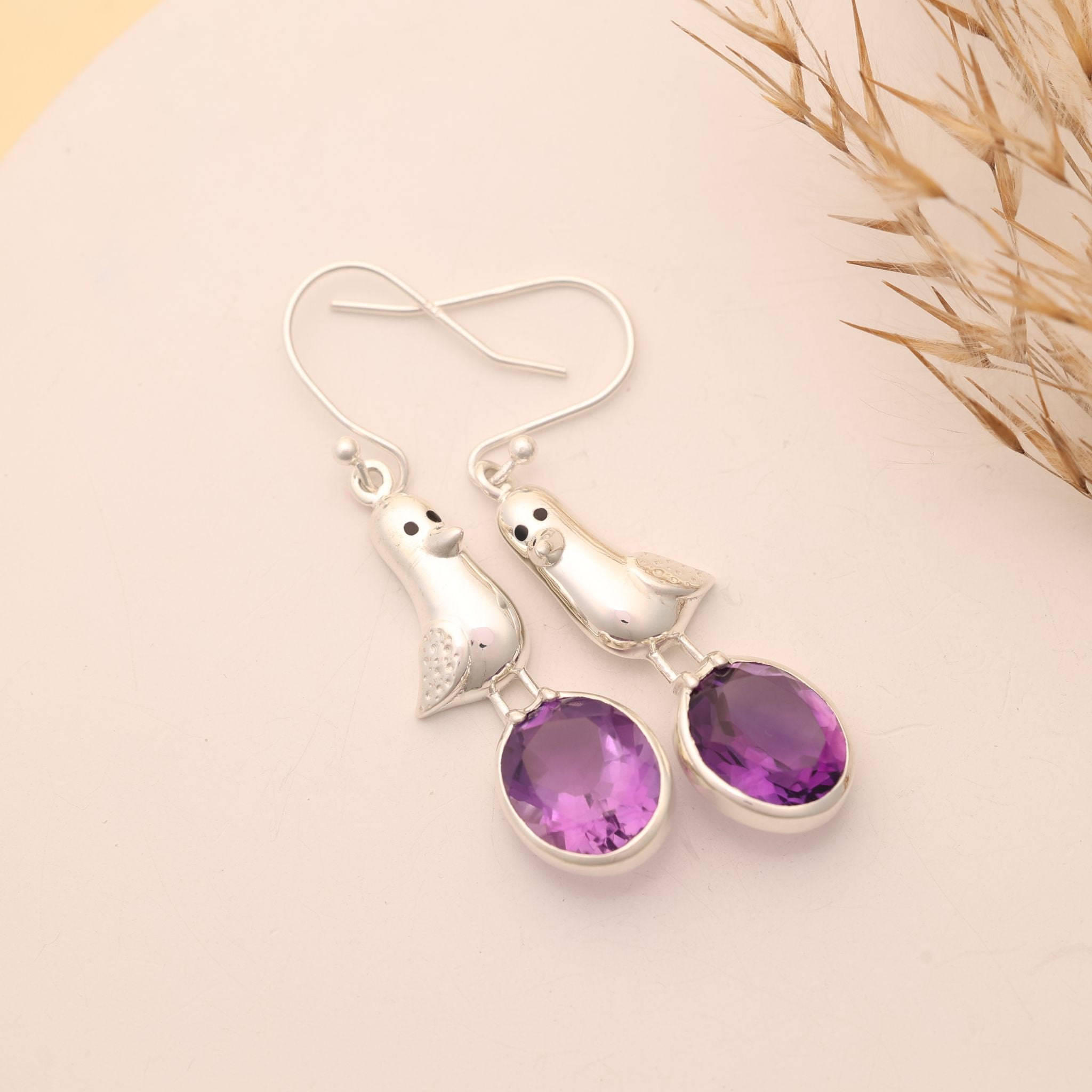 Amethyst Bird Dangle Silver Earrings