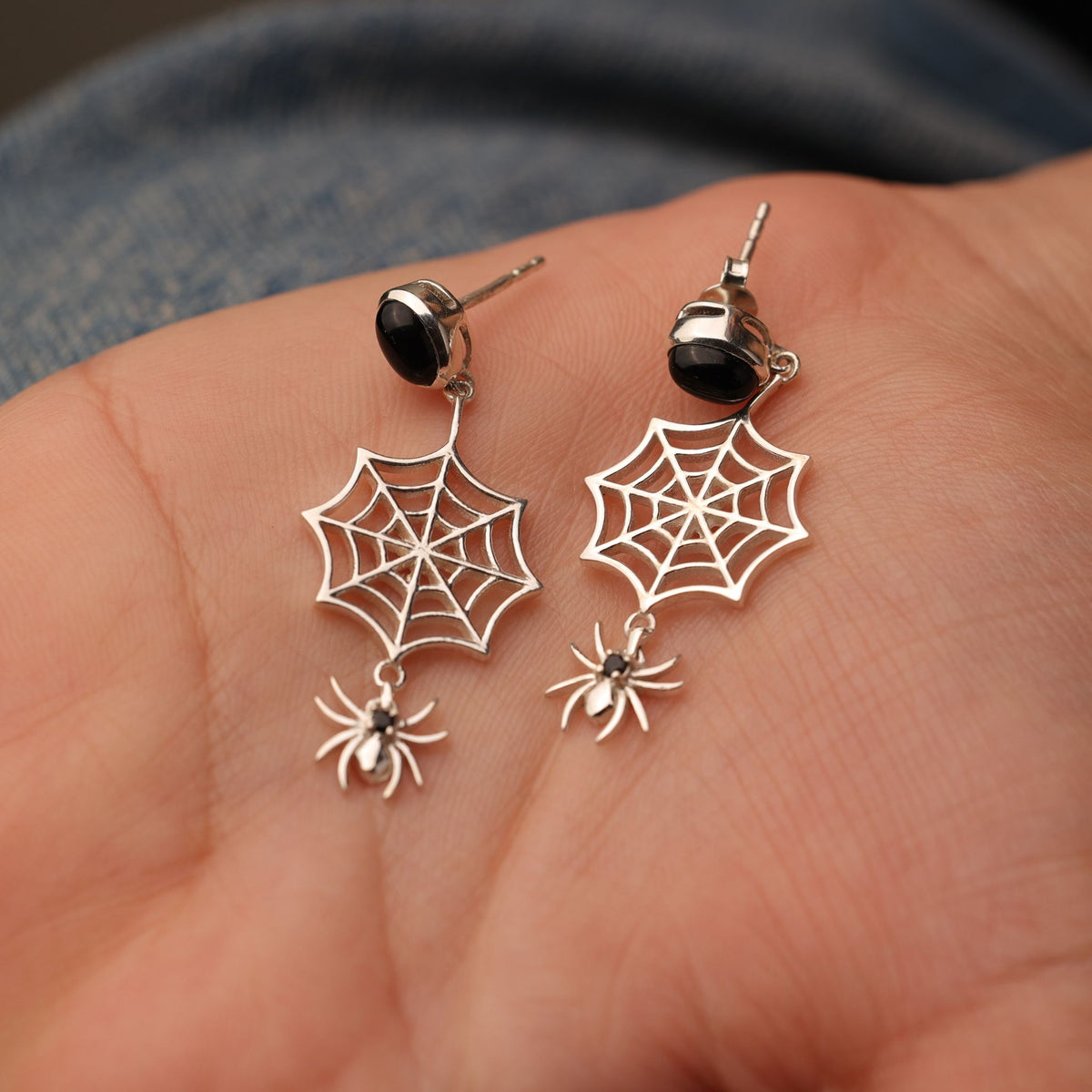925 Sterling Silver Spider Web Earrings with Black Onyx, Gothic Dangling Spider Jewelry, Witchy Halloween Earrings and Unique Gothic Gift.