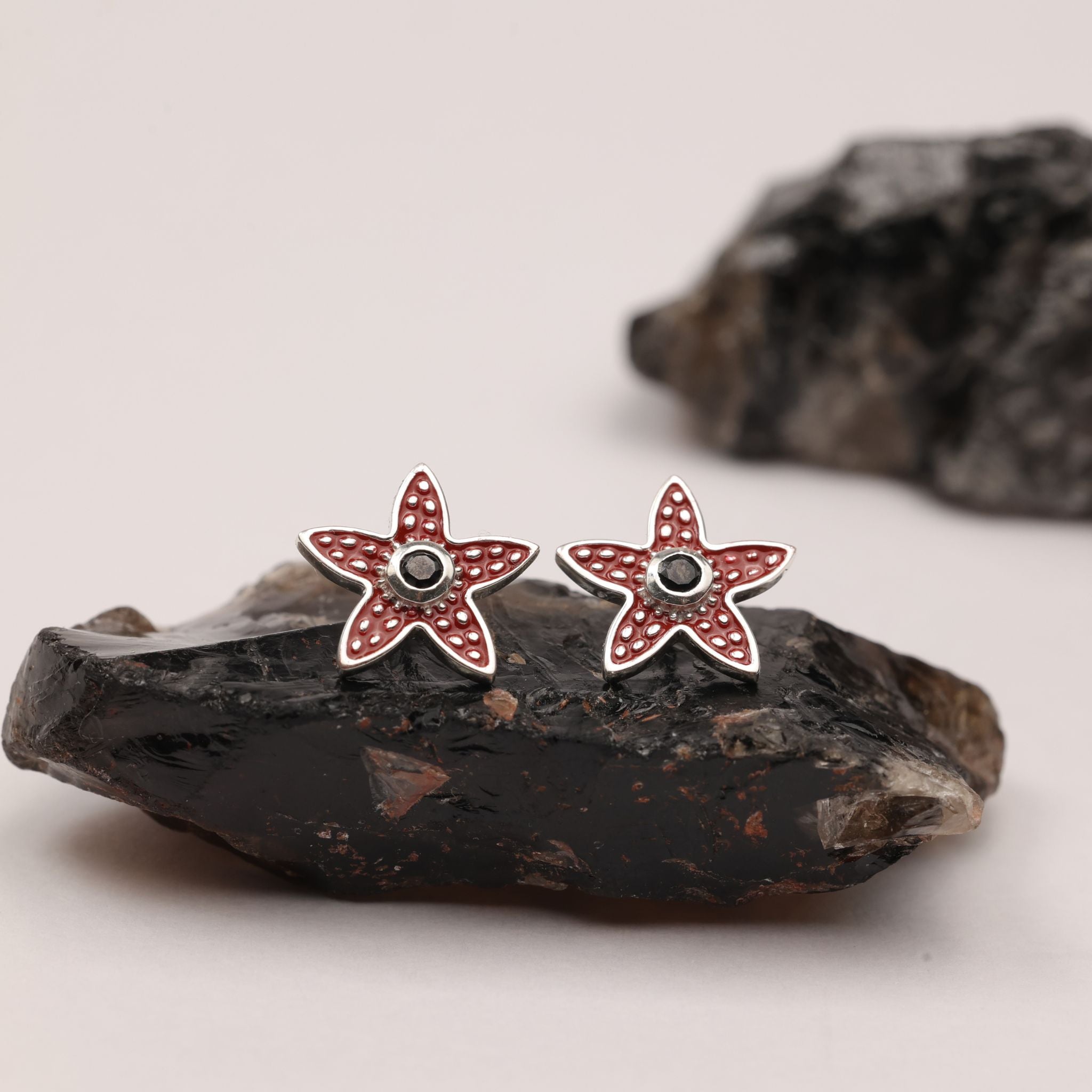 Stranger things red enamel sterling silver studs with black spinel