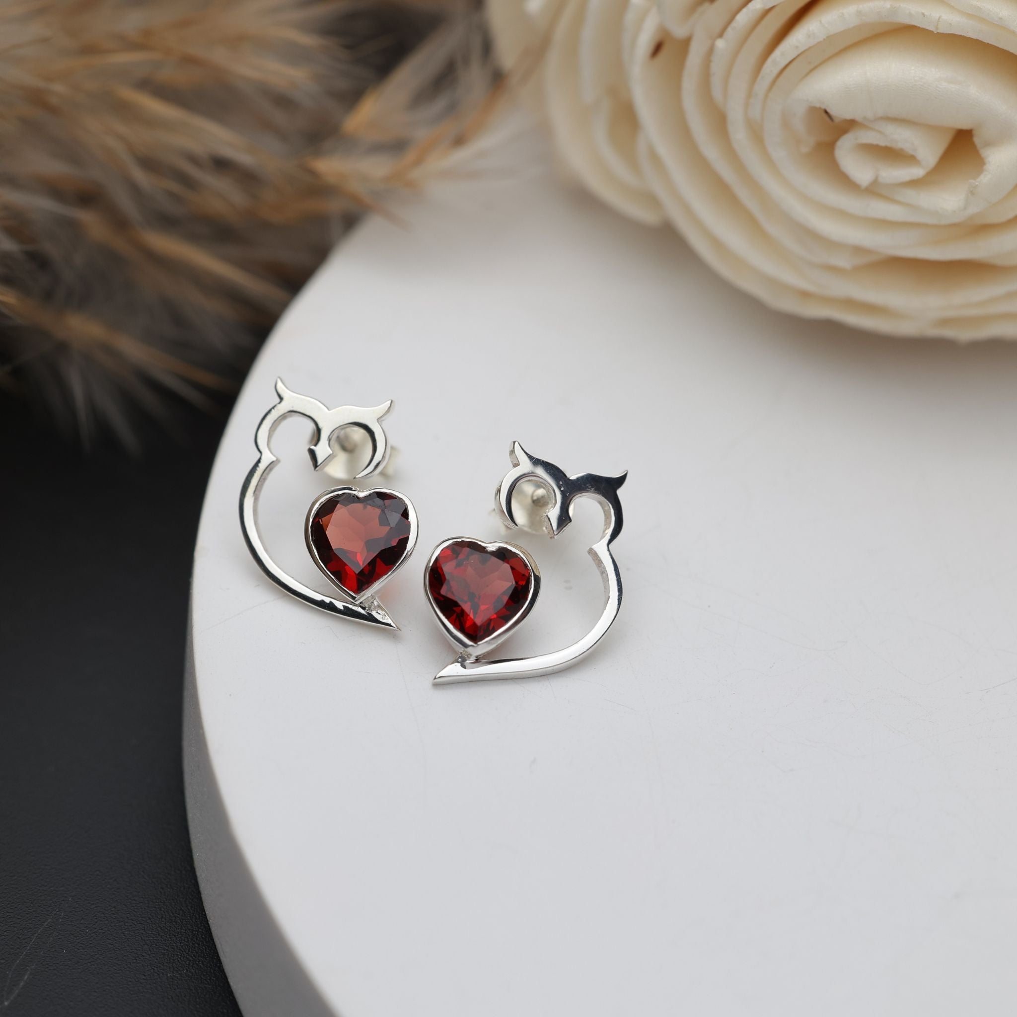 Garnet Heart Owl Stud Earrings