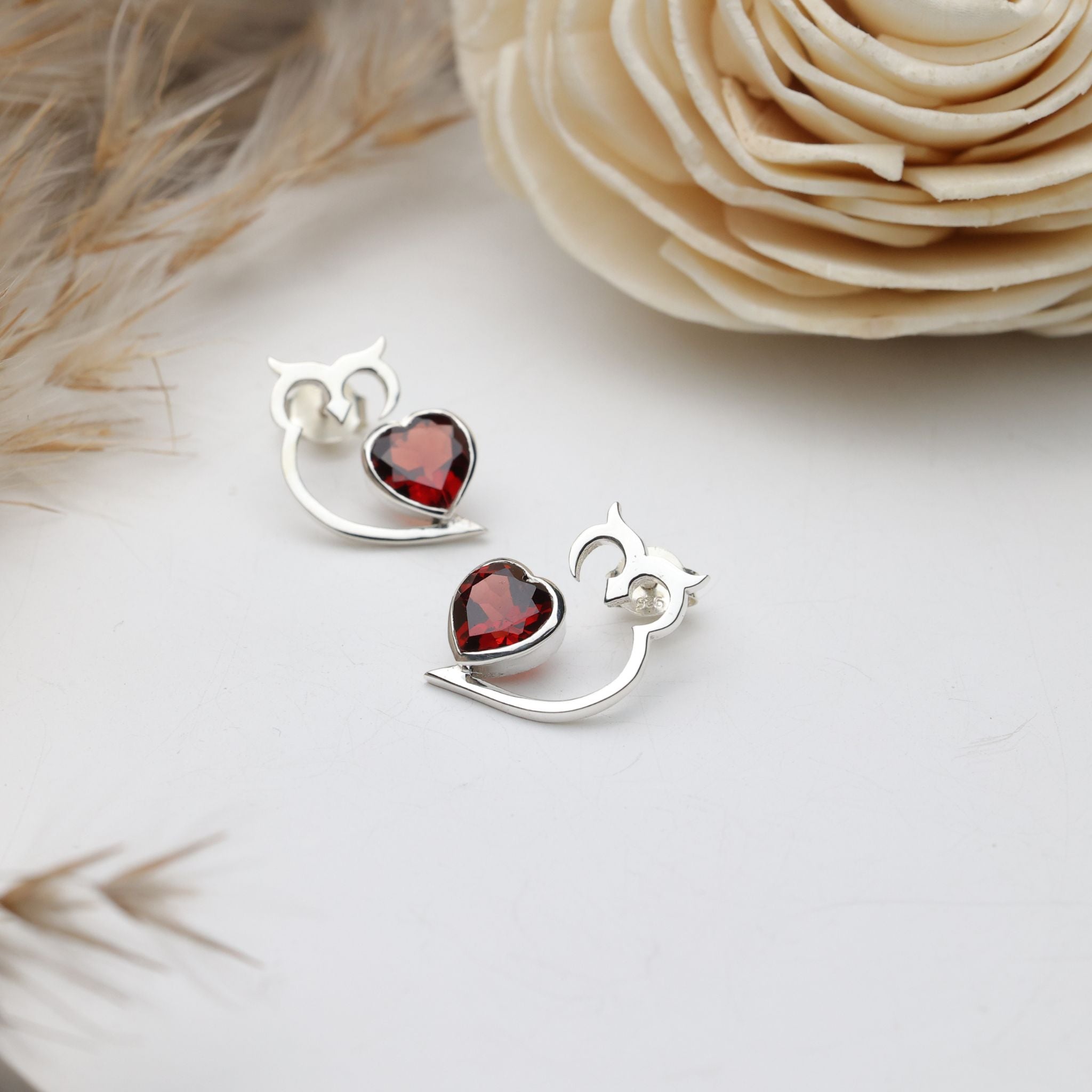 Garnet heart owl earrings crafted in 925 sterling silver