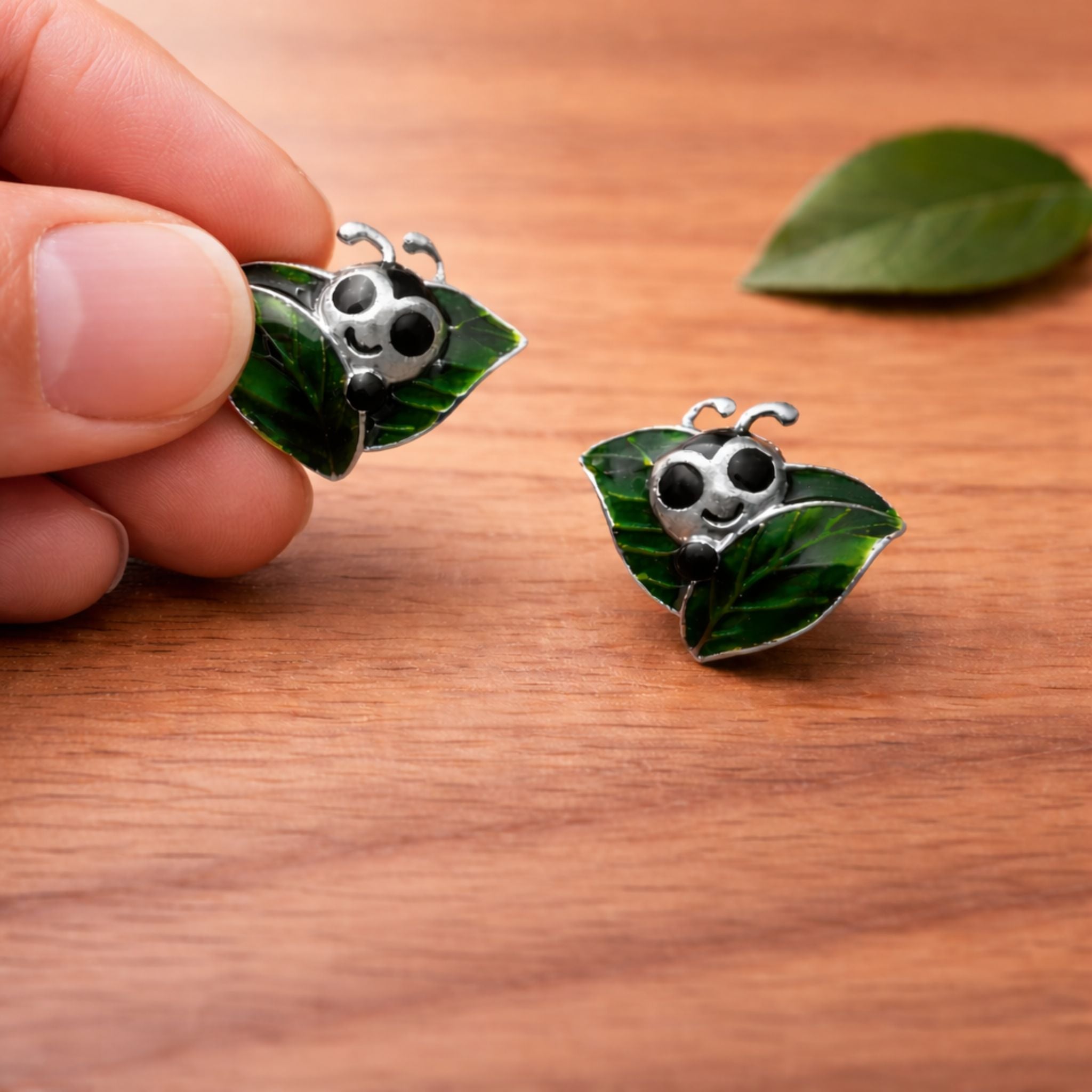 Caterpillar Green Enamel Stud Earrings