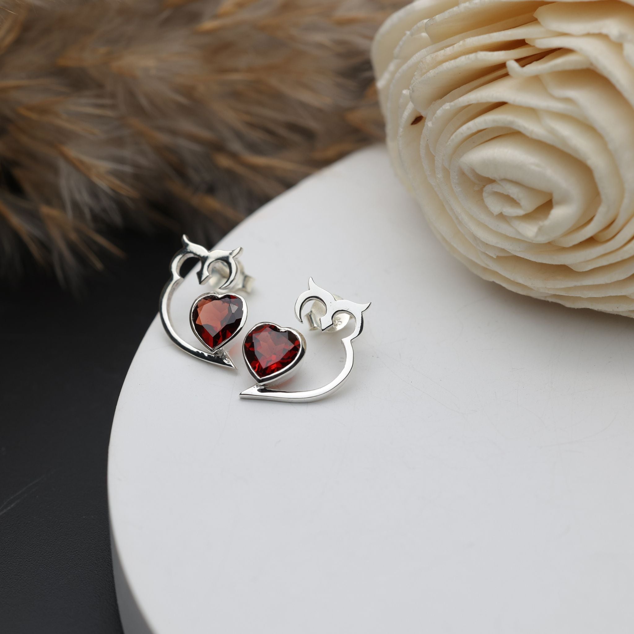 Garnet Heart Owl Stud Earrings