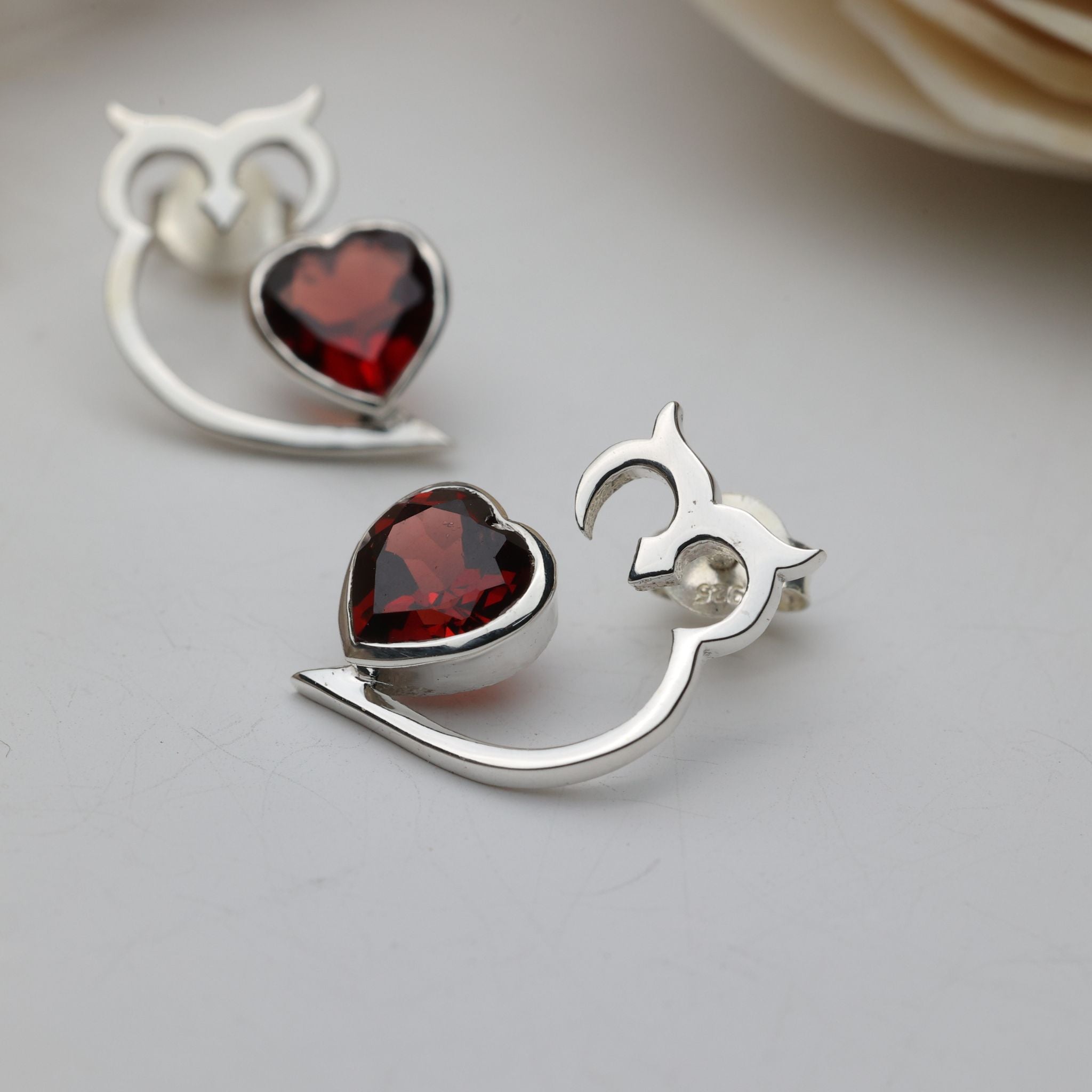 Garnet Heart Owl Stud Earrings