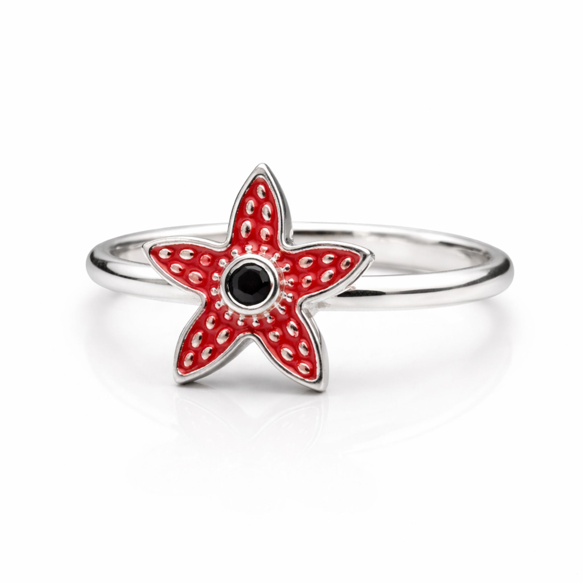 Demogorgon spinning head ring in 925 sterling silver with red enamel
