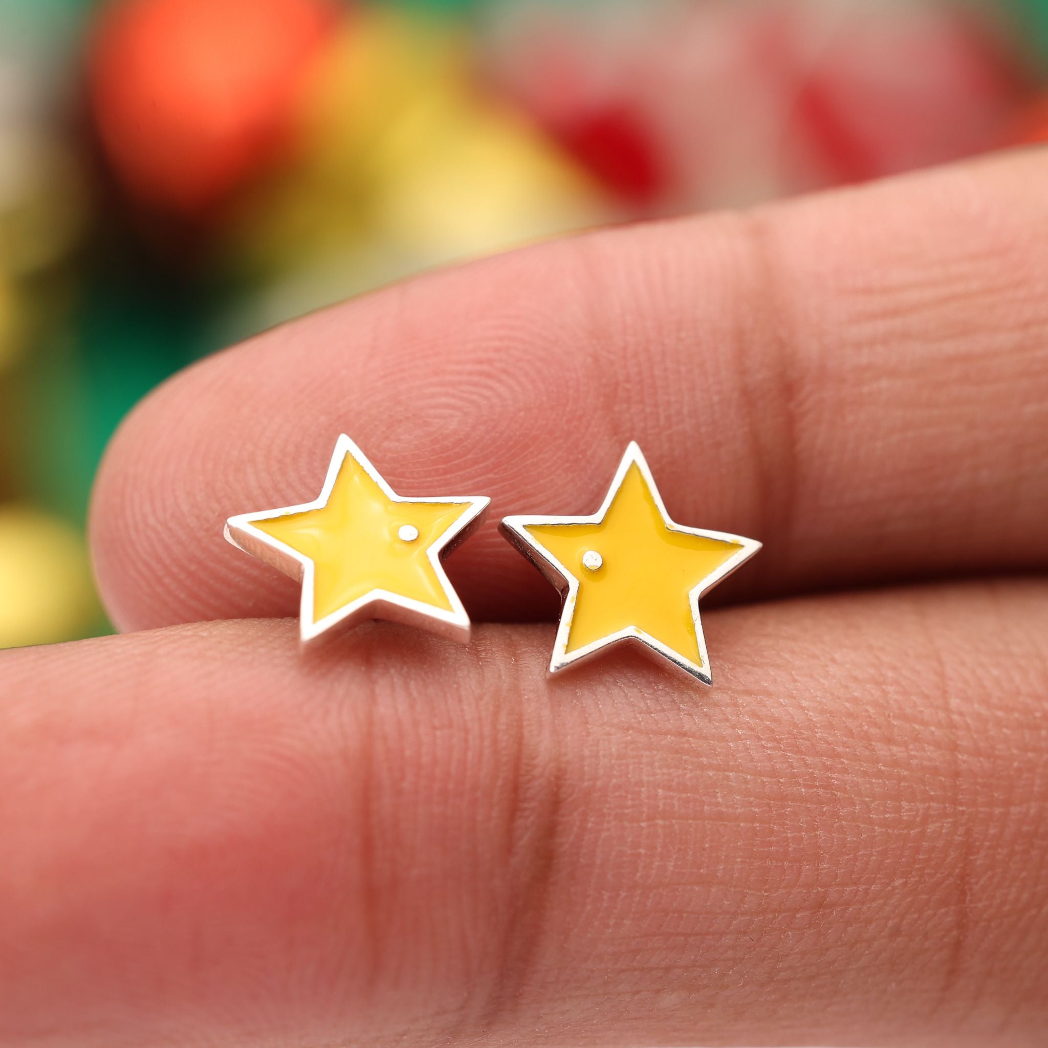 Yellow star stud earrings in solid 925 sterling silver with glossy yellow enamel, cute minimalist celestial jewelry for women and girls