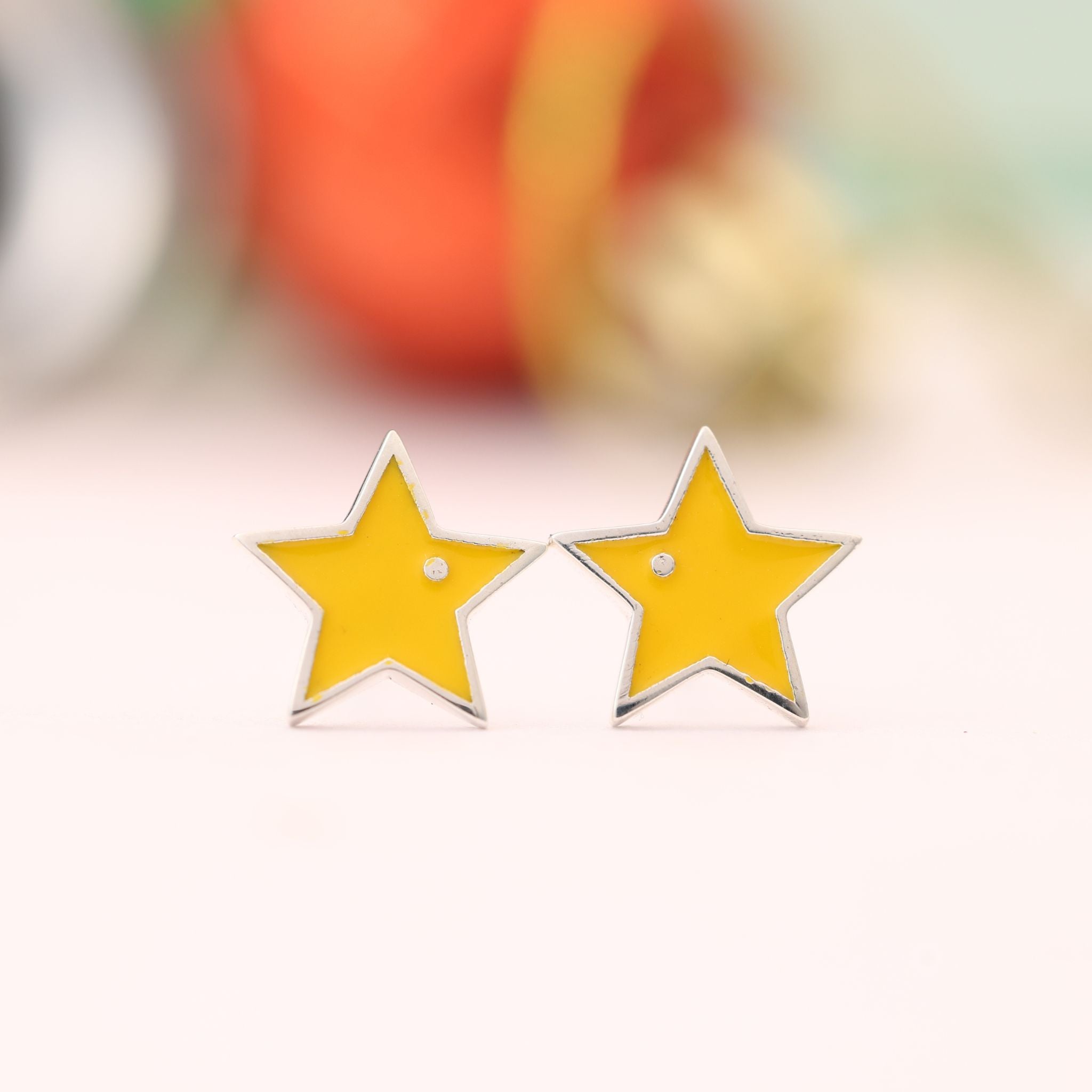 Yellow star stud earrings in solid 925 sterling silver with glossy yellow enamel, cute minimalist celestial jewelry for women and girls