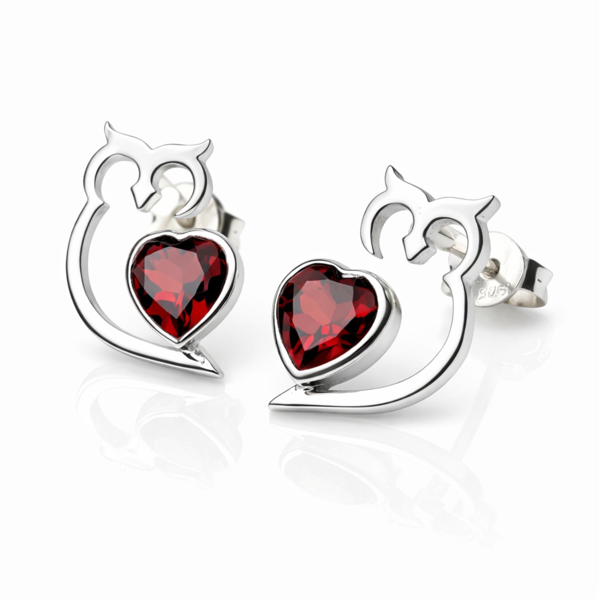 Garnet Heart Owl Stud Earrings