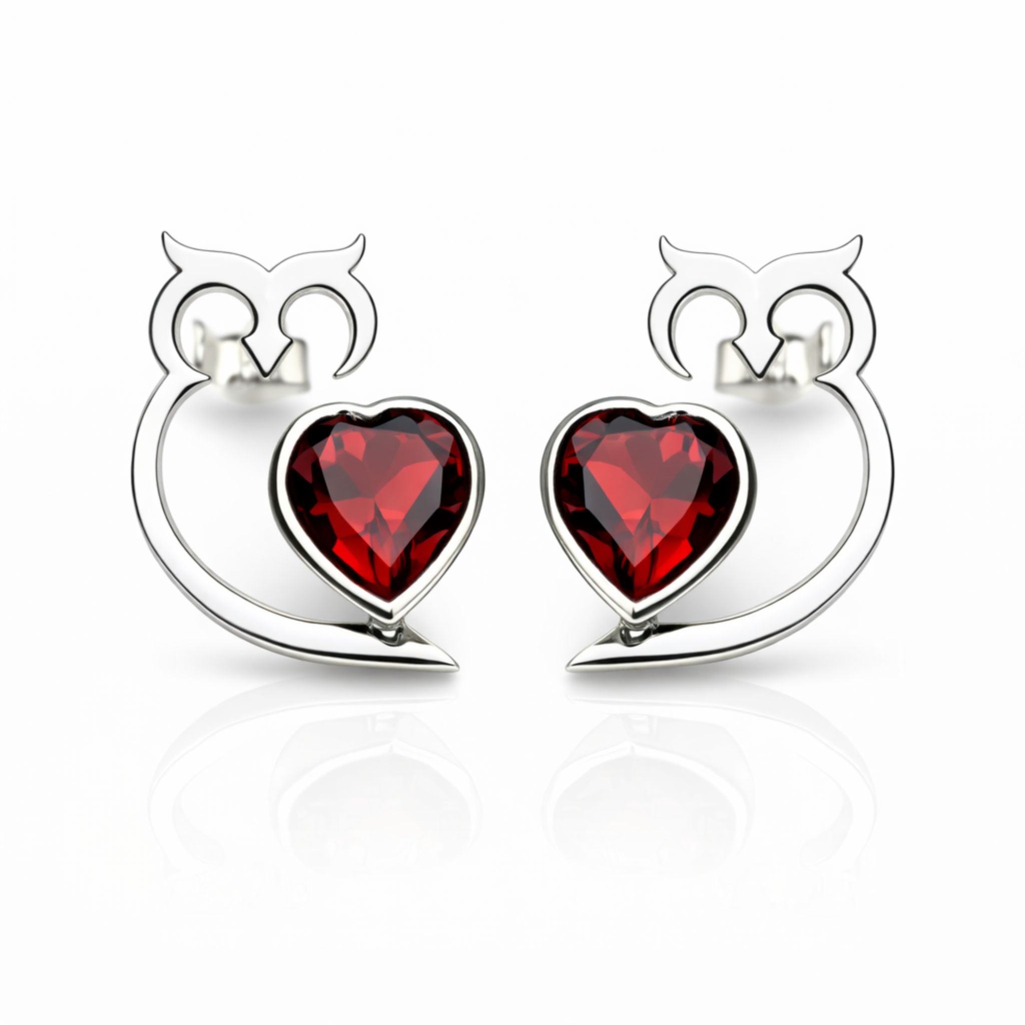Garnet heart owl earrings crafted in 925 sterling silver