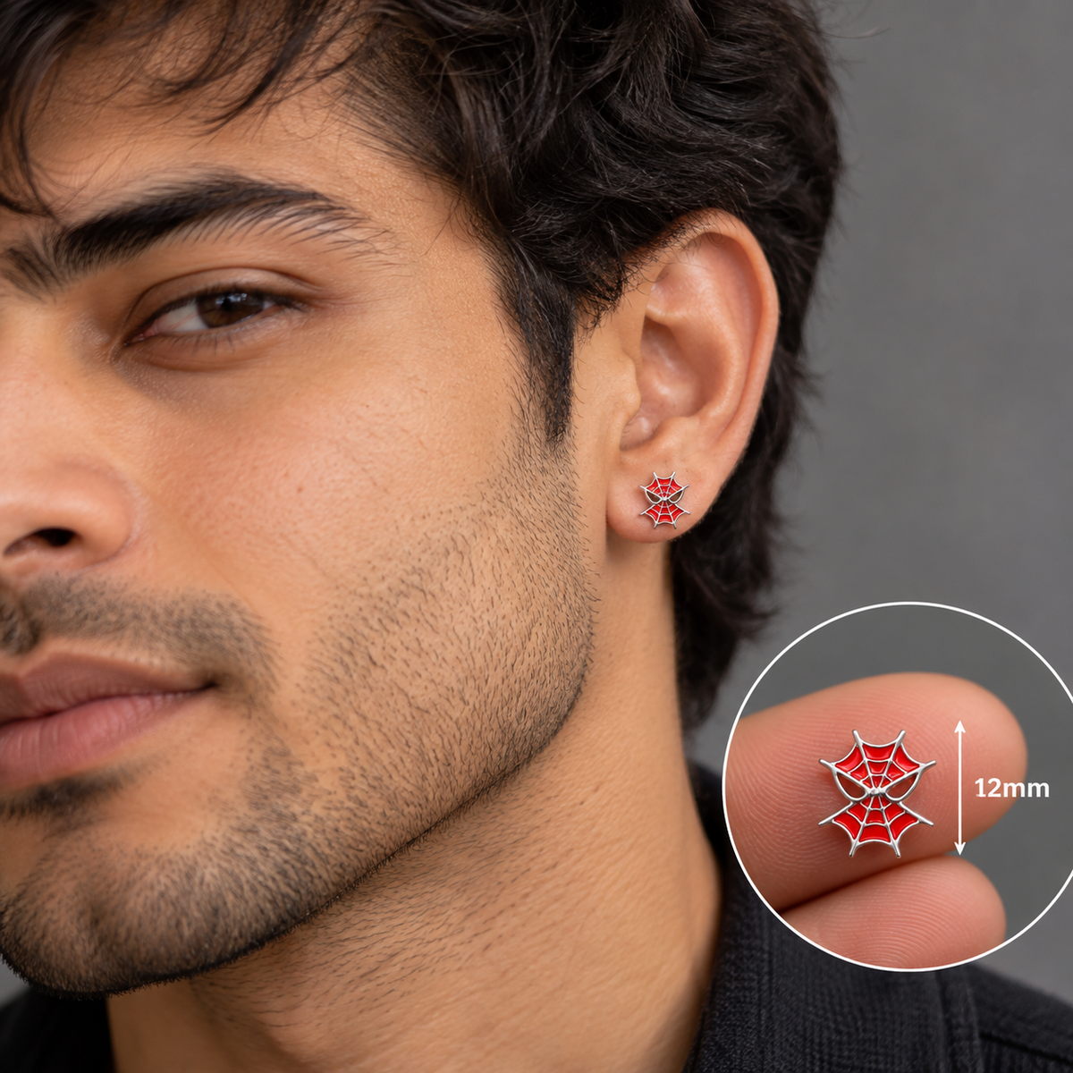 Spider Web Stud Earrings crafted in 925 sterling silver and finished with striking red enamel detailing. Unisex Gothic Gifts for Men, Women & kids for Halloween