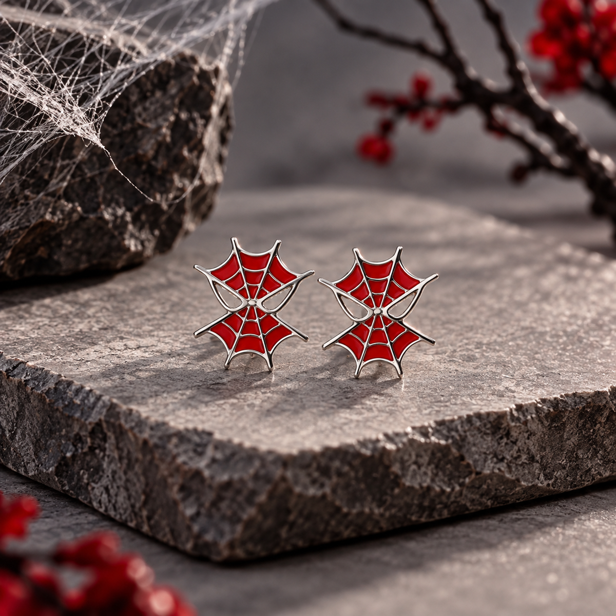 Spider Web Stud Earrings crafted in 925 sterling silver and finished with striking red enamel detailing. Unisex Gothic Gifts for Men, Women & kids for Halloween