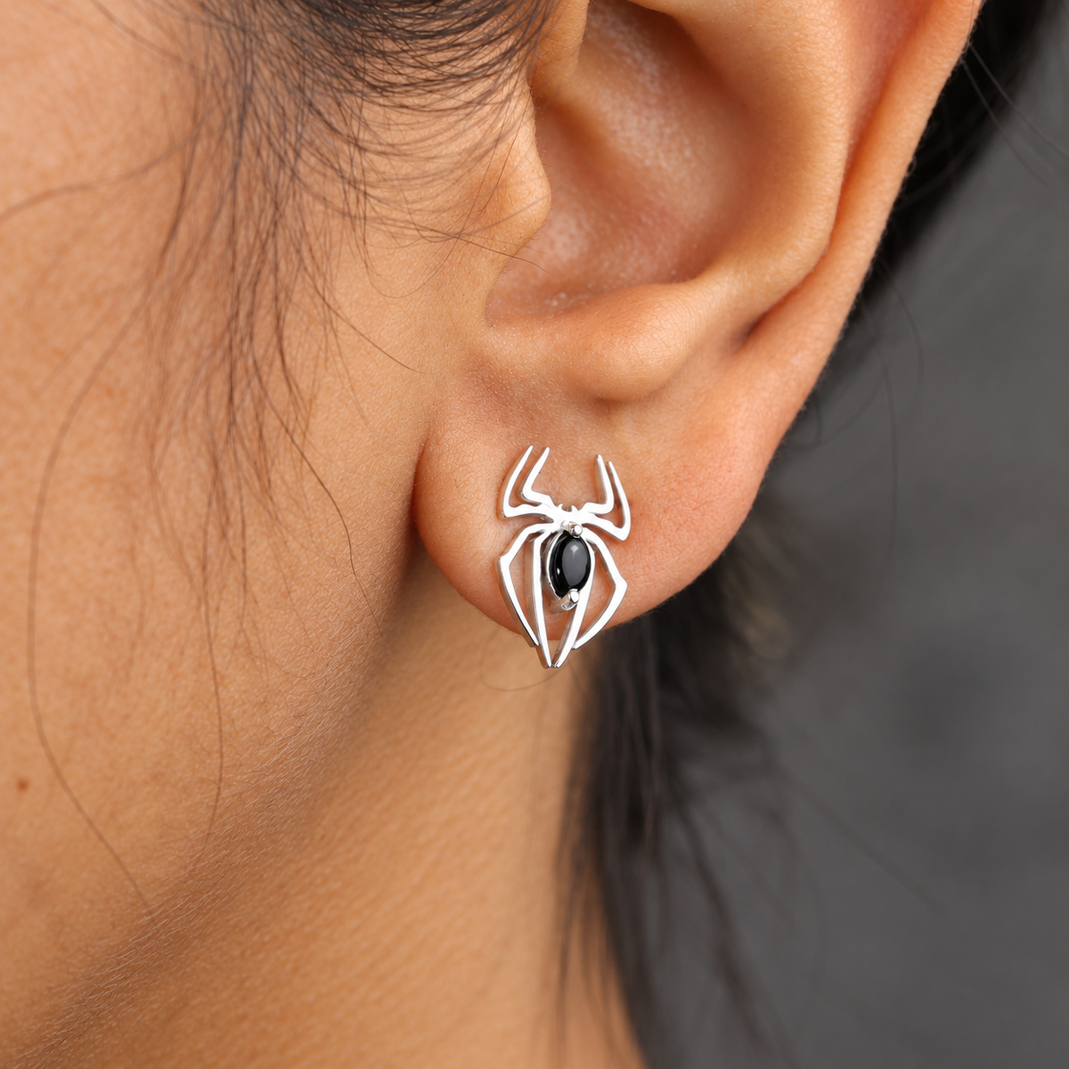 Discover 925 sterling silver spider stud earrings with black chalcedony or rainbow moonstone. 12mm gothic jewelry for men and women. Perfect Halloween gift.