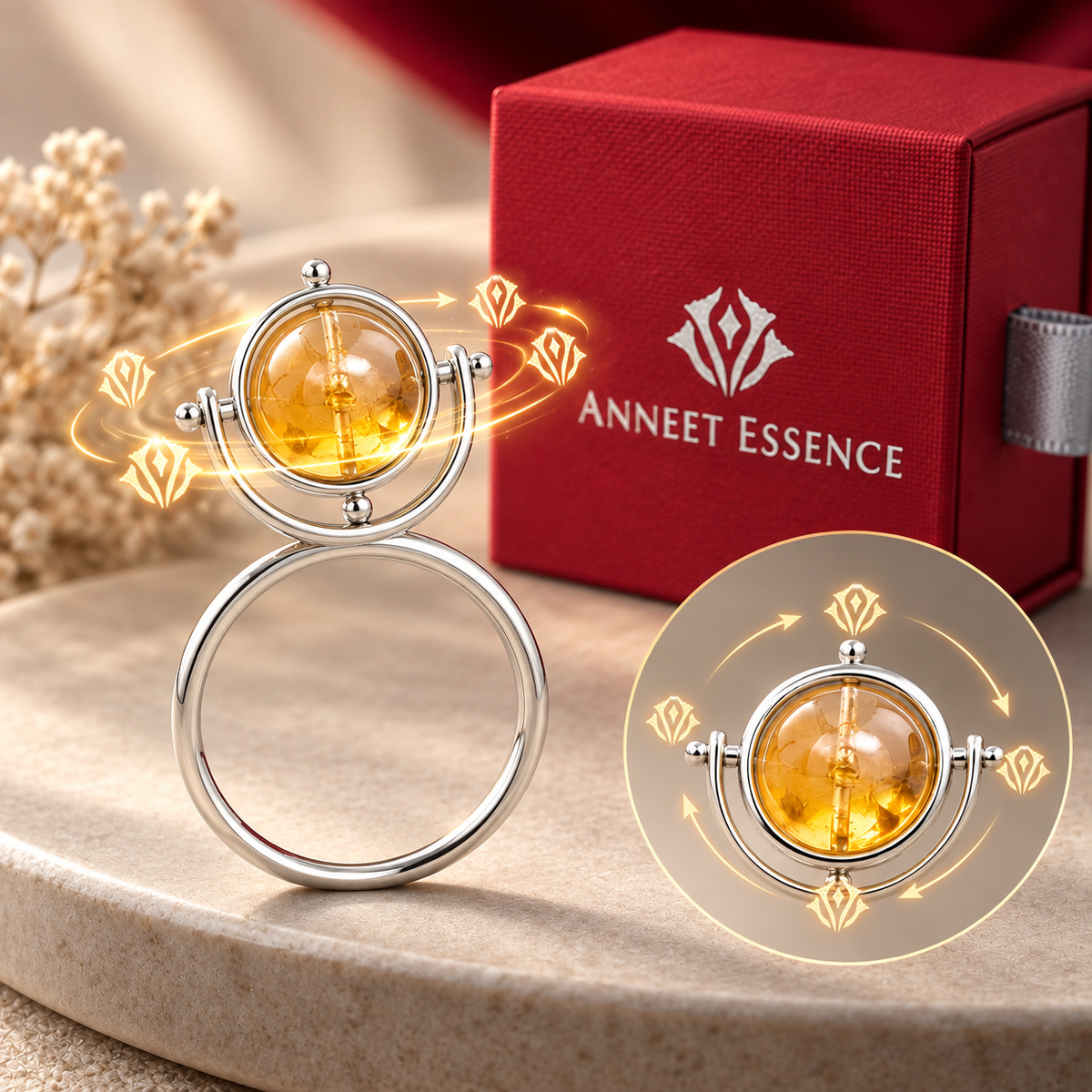 Rotating globe-inspired citrine ring in 925 sterling silver. A unique fidget spinner gemstone statement ring for travelers and women who loves unusual jewelry.