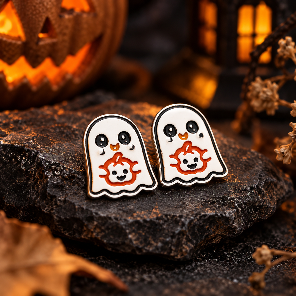 Cute ghost stud earrings with enamel, black and orange details. Spooky Halloween jewelry, kawaii earrings and a fun ghost lover gift for girls